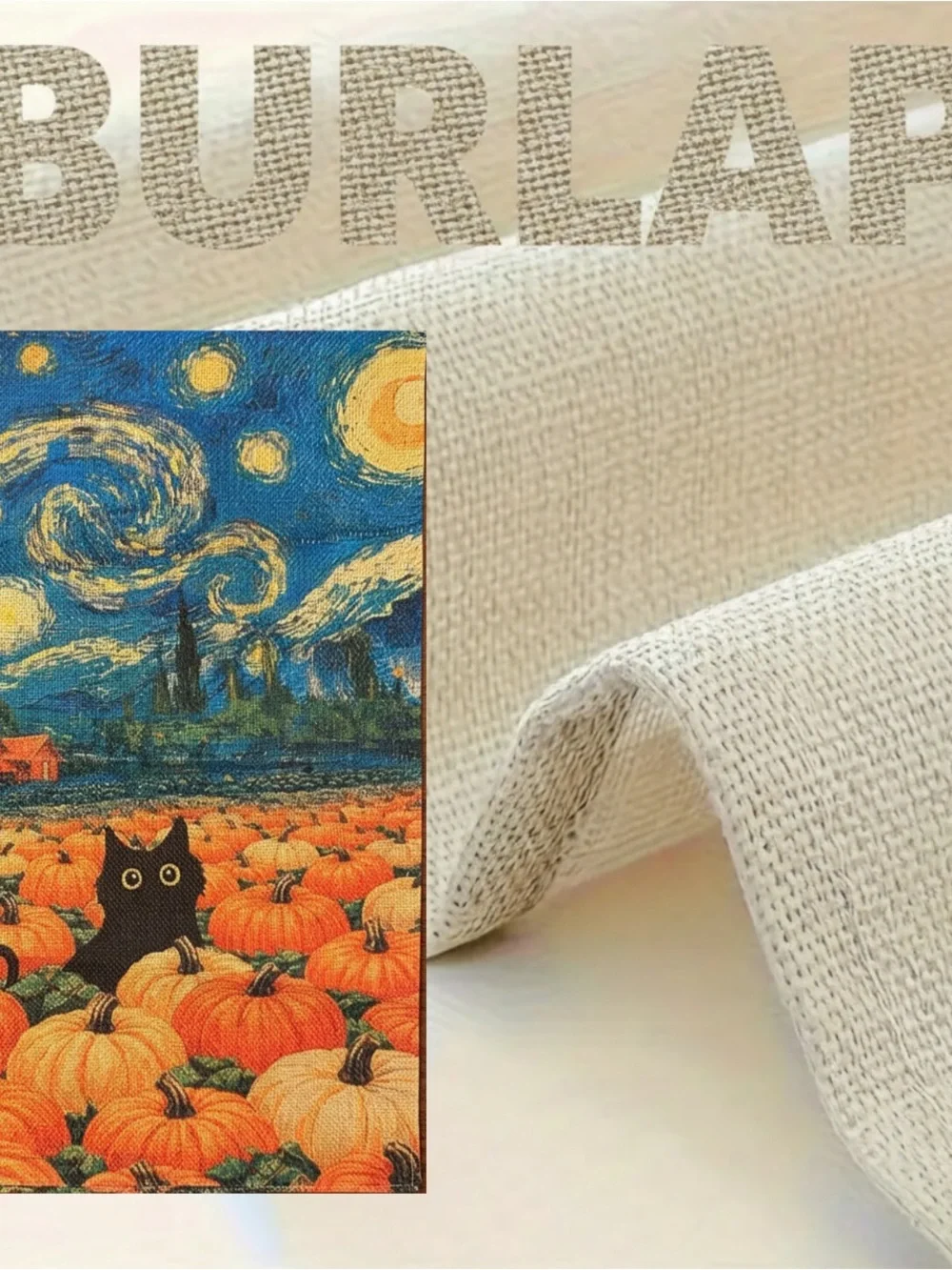 Garden Flag, Starry Night Black Cat Pumpkin, 12”x18”, Burlap double-sided